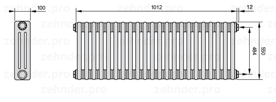 Схема (чертеж) Радиатор Zehnder Charleston 3055/22 №7610 Белый глянцевый RAL 9016